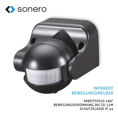 Sonero Infrarot-Bewegungsmelder X-IM041 - Innen- / Außenmontage, schwarz, Schutzklasse: IP44, 180° / 12m Arbeitsfeld