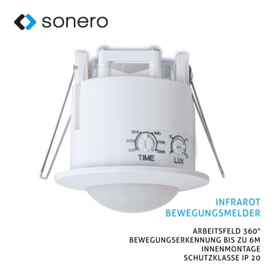 Sonero Deckeneinbau-Bewegungsmelder Infrarot X-IM070 - Innenmontage zum Deckeneinbau, weiß, Schutzklasse: IP20, 360° / 6m Arbeitsfeld