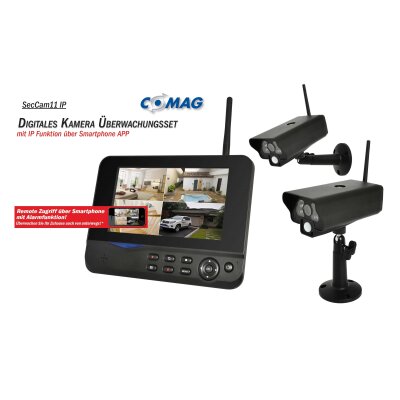 COMAG SecCam11 IP Funk Überwachungskamera Videoüberwachung Set mit IP Funktion über Smartphone App (2x Outdoor Kamera + 1x Monitor)