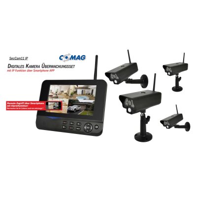 COMAG SecCam11 IP Funk Überwachungskamera Videoüberwachung Set mit IP Funktion über Smartphone App (4x Outdoor Kamera + 1x Monitor)