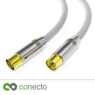 conecto thinwire Premium HDTV Antennenkabel (Koaxialkabel, Koax-Stecker - Koax-Kupplung), Metall, vergoldet, weiß 2,00m