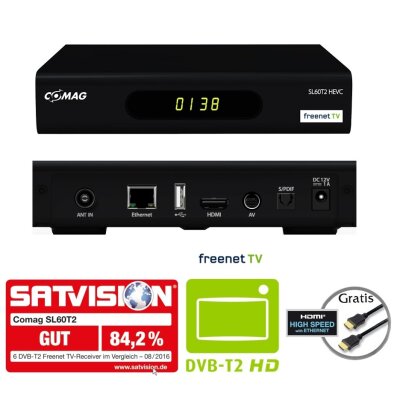 COMAG SL60T2 FullHD HEVC DVBT/T2 Receiver (H.265, HDTV, HDMI, Irdeto Zugangssystem, freenet TV, Mediaplayer, PVR Ready, USB 2.0, 12V) inkl. HDMI-Kabel, schwarz