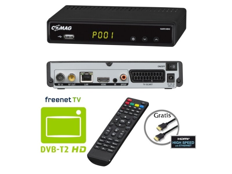 H.265, HDTV, HDMI, Lecteur multimédia, système d'accès Irdeto, PVR Ready, USB 2.0, 12 V Noir Comag 32041 sl65t2 FullHD DVBT HEVC/T2 Récepteur 