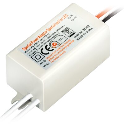 Netzteil für 12V LED-Leuchtmittel 12V/5W, 400mA, Anschlussdrähte: maximal 180 mm, 50 x 27x25 mm, LTE1L