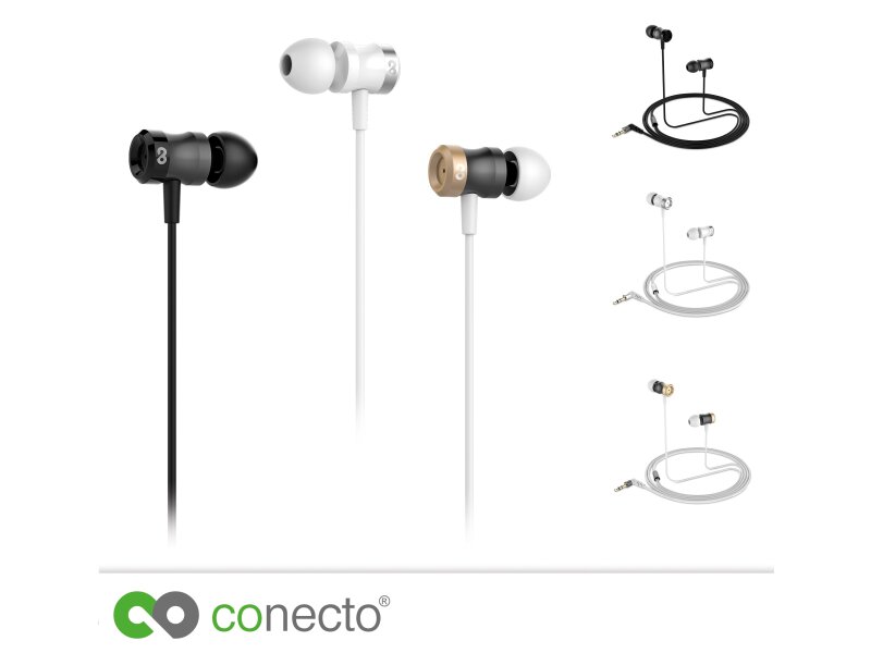 conecto In-Ear Kopfhörer / Earphones mit 3 Ohrpassstücken (optional:  inkl. Mikrofon) - 9.2mm Lautsprecher, dreifacher Kabel-Knickschutz, 1.2m Kabel (Aramid-verstärkt), Aluminium