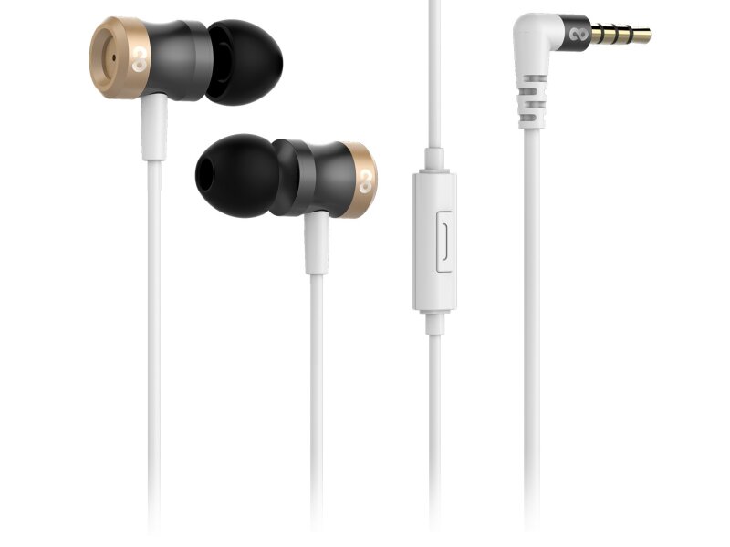 conecto In-Ear Kopfhörer / Earphones mit 3 Ohrpassstücken inkl. Mikrofon - 9.2mm Lautsprecher, dreifacher Kabel-Knickschutz, 1.2m Kabel (Aramid-verstärkt), Aluminium, 17.5g, gold / grau / weiß