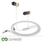 conecto In-Ear Kopfhörer / Earphones mit 3 Ohrpassstücken inkl. Mikrofon - 9.2mm Lautsprecher, dreifacher Kabel-Knickschutz, 1.2m Kabel (Aramid-verstärkt), Aluminium, 17.5g, gold / grau / weiß
