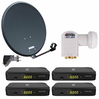 Opticum Digitale 4 Teilnehmer Satelliten-Komplettanlage (HD AX 150 HDTV-Receiver, Quad-LNB, QA 60 cm Antenne, Stahl) anthrazit