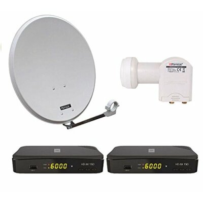 Opticum Digitale 2 Teilnehmer Satelliten-Komplettanlage (HD AX 150 HDTV-Receiver,Twin-LNB, QA 60 cm Antenne, Alu) lichtgrau