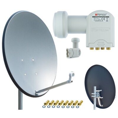 Opticum X80 Satelliten-Antenne Quad-Set (80 cm, Stahl - anthrazit, TÜV zertifiziert, mit Quad LNB LQP-04H) inkl. 8x F-Stecker gratis