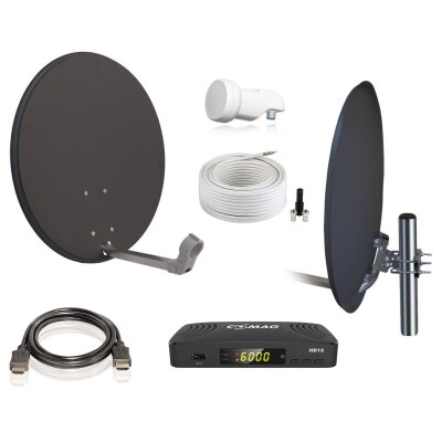 Digitale 1 Teilnehmer Satelliten-Komplettanlage COMAG HD10 HDTV-Receiver, Single-LNB, X60 cm Antenne, Stahl anthrazit