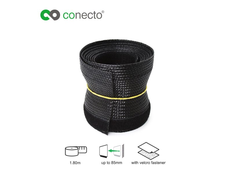 selbst zusammenziehend mit Klettverschluss conecto CC50326 Universeller Polyester-Kabelschlauch Ø 85mm 1,80m schwarz
