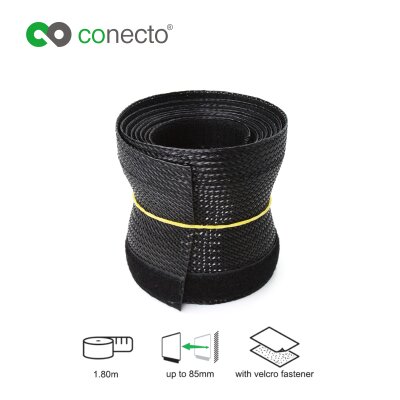 conecto CC50326 Universeller Polyester-Kabelschlauch, selbst zusammenziehend  mit Klettverschluss, Ø 85mm, 1,80m, schwarz