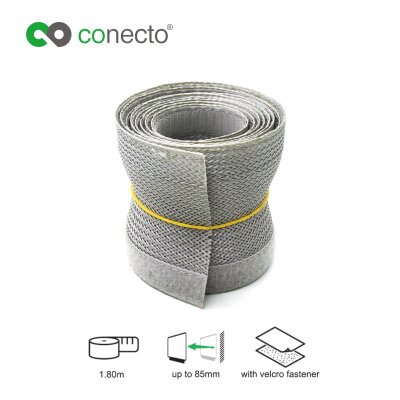 conecto CC50327 Universeller Polyester-Kabelschlauch, selbst zusammenziehend  mit Klettverschluss, Ø 85mm, 1,80m, grau