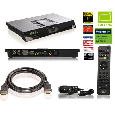 Xoro HRT 8720 Kit Full HD HEVC DVB-T/T2 Receiver (H.265, HDTV, HDMI, Irdeto Zugangssystem, Mediaplayer, PVR Ready, USB 2.0, 12V) schwarz