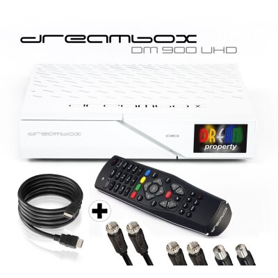 Dreambox DM900 UHD 4K E2 Linux Receiver mit 2x DVB-S2X / 1x DVB-C/T2 Triple Tuner (inkl. gratis Kabelset: 1x HDMI Kabel + 2x 1,5m SAT Anschlusskabel + 1x 1,5m HDTV-Antennenkabel) weiß