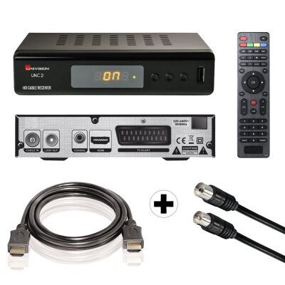 Univision UNC2 - HD Kabelreceiver (HDMI, Full HD 1080p, EPG, SCART, Coaxial, USB, Mediaplayer) inkl. HDMI-Kabel + Antennenkabel