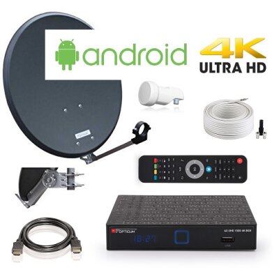 Opticum Digitale 1 Teilnehmer Satelliten-Komplettanlage (AX UHD 1500 4K Receiver Android 6.0, Single-LNB, QA 60 cm Stahl Antenne, 10m Koaxkabel Anschluss-Set, HDMI Kabel) anthrazit
