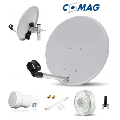 COMAG Sat-Antenne Stahl lichtgrau 40 cm, Set inkl. Single LNB, Koaxkabel + F-Stecker + Fensterdurchführung