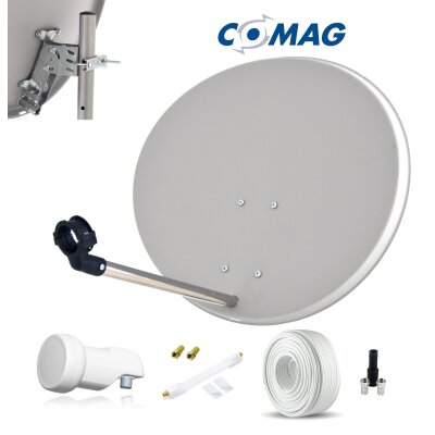 COMAG Sat-Antenne Stahl lichtgrau 60 cm, Set inkl. Single LNB, Koaxkabel + F-Stecker + Fensterdurchführung