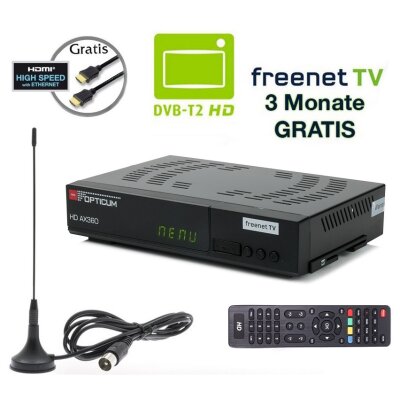 Opticum AX 360 Freenet TV Irdeto DVB-T2 HD H.265/HEVC Receiver, inkl. HDMI Kabel + DVB-T2 Antenne schwarz