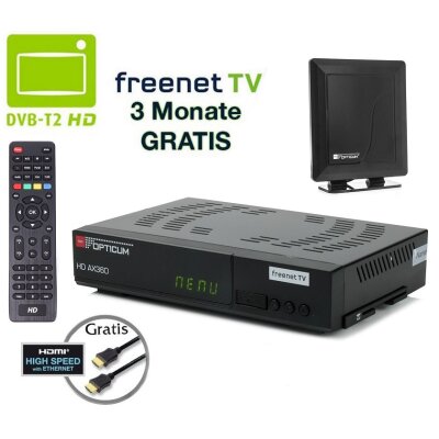 Opticum AX 360 Freenet TV Irdeto DVB-T2 HD H.265/HEVC Receiver, inkl. HDMI Kabel + starke 30db DVB-T2 Antenne in schwarz