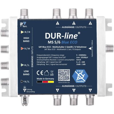 DUR-line MS 5/6 Blue eco - Stromspar Multischalter SAT für 6 Teilnehmer/TV - kein Netzteil notwendig - 0 Watt Standby Multiswitch [Digital, HDTV, FullHD, 4K, UHD]