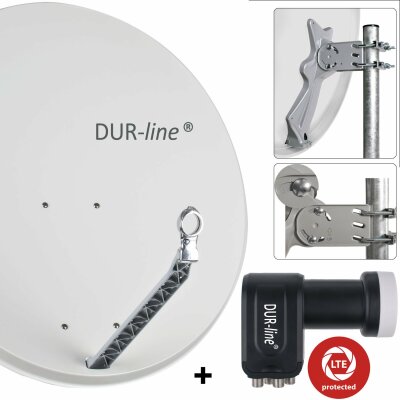 DUR-line 4 Teilnehmer Set - Qualitäts-Alu-Satelliten-Komplettanlage - Select 85/90cm Spiegel/Schüssel Hellgrau + Quad LNB - für 4 Receiver/TV [Neuste Technik, DVB-S2, 4K, 3D]