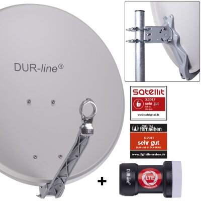 DUR-line 1 Teilnehmer Set - Qualitäts-Alu-Satelliten-Komplettanlage - Select 60/65cm Spiegel/Schüssel Hellgrau + Single LNB - für 1 Receiver/TV [Neuste Technik, DVB-S2, 4K, 3D]
