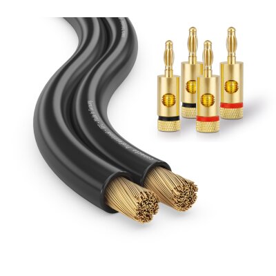 conecto Lautsprecherkabel OFC Professional 2x1,5mm² Kabel Querschnitt (99,9% OFC Vollkupfer 48x0,20mm Litze) Hifi Audio Lautsprecher Boxenkabel, 25m, schwarz + 4x Bananenstecker