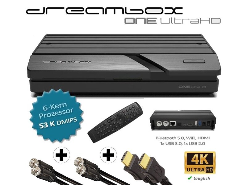 Dreambox One Ultra HD 2x DVB-S2X Multistream Tuner (4K, 2160p, E2 Linux, Dual Wifi H.265, HEVC) inkl. gratis Kabelset