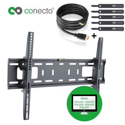 conecto CC50265 Wandhalterung für TV Geräte mit 81-165 cm (32-65 Zoll), neigbar: -10° bis 5°, Wandabstand: 56mm, Traglast: max. 50,0kg, VESA 600x400, schwarz, inkl. GRATIS HDMI-Kabel und Klett-Kabelbinder