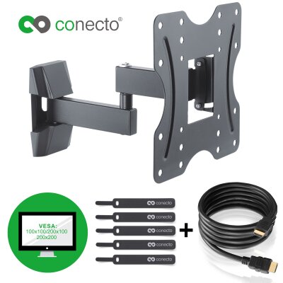 conecto CC50270 Wandhalterung für TV Geräte mit 58-107 cm (23-42 Zoll), neigbar: -10° bis 3°, schwenkbar: -90° bis 90°, Wandabstand: 56-300mm, Traglast: max. 20,0kg, VESA 200x200, schwarz, inkl. GRATIS HDMI-Kabel und Klett-Kabelbinder