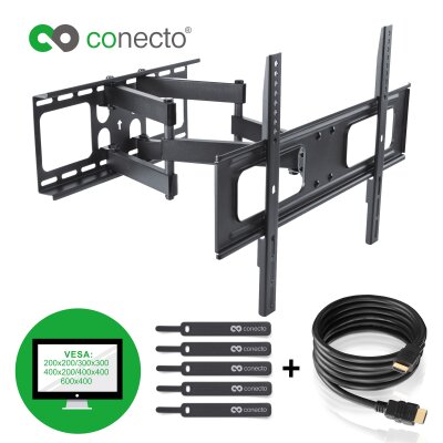 conecto CC50273 Wandhalterung für TV Geräte mit 94-178 cm (32-55 Zoll), neigbar: -20° bis 10°, schwenkbar: -60° bis 60°, Wandabstand: 64-510mm, Traglast: max. 50,0kg, VESA 600x400, schwarz, inkl. GRATIS HDMI-Kabel und Klett-Kabelbinder