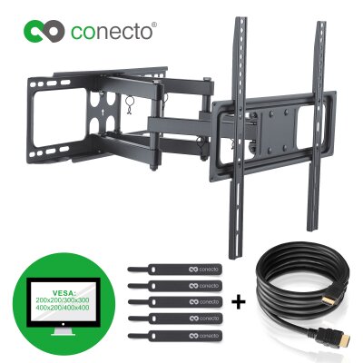 conecto CC50274 Wandhalterung für TV Geräte mit 81-140 cm (32-55 Zoll), neigbar: -15° bis 5°, schwenkbar: -60° bis 60°, Wandabstand: 53-464mm, Traglast: max. 40,0kg, VESA 400x400, schwarz, inkl. GRATIS HDMI-Kabel und Klett-Kabelbinder