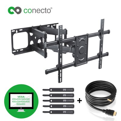 conecto CC50276 Wandhalterung für TV Geräte mit 94-178 cm (37-70 Zoll), neigbar: -15° bis 5°, schwenkbar: -60° bis 60°, Wandabstand: 69-635mm, Traglast: max. 65,0kg, VESA 400x400, schwarz, inkl. GRATIS HDMI-Kabel und Klett-Kabelbinder