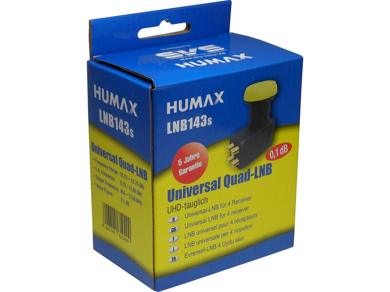 Humax LNB 142 Quattro Switch LNB 4 Teilnehmer, integrierter Wetterschutz, 0.1 dB Rauschmaß, 40 mm Feed, HDTV 