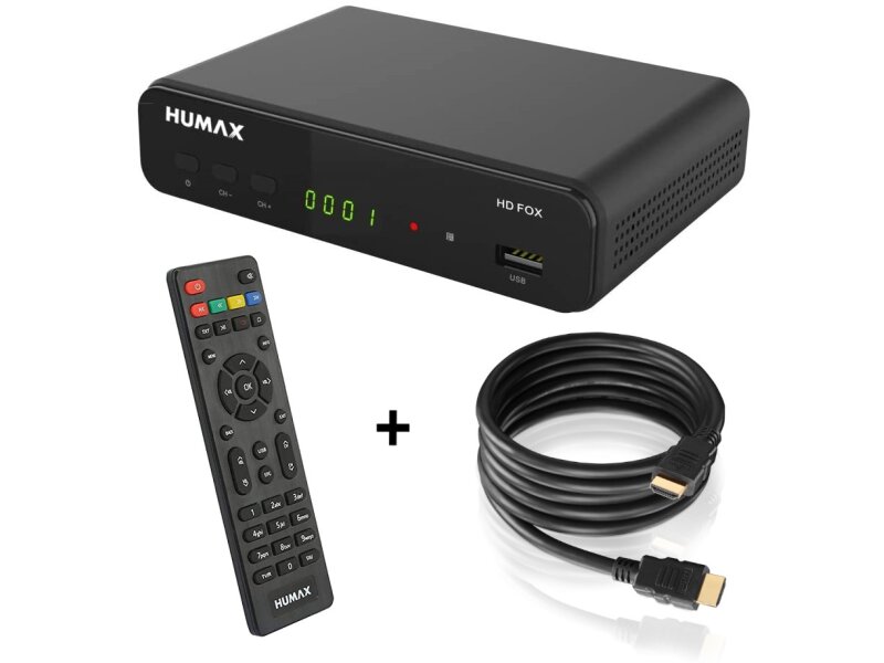 Humax HD Fox Digitaler HD Satellitenreceiver 1080P Digital HDTV Sat-Receiver mit 12V Netzteil Camping - Astra vorinstalliert - HDMI, SCART, DVB-S/S2 PVR Ready+ HDMI Kabel