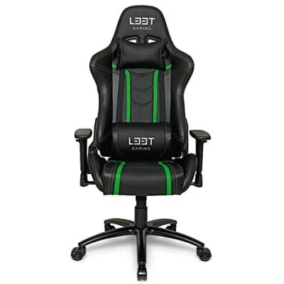 L33T Elite V3 Gaming Stuhl HQ Bürostuhl Ergonomischer Chefsessel E-Sport PC-Stuhl mit Nacken-, u. Lendenwirbelstütze, PU Leder, Hohe Rückenlehne, Verstellbarer Schreibtischstuhl E-Sports Gaming Chair, schwarz/grün