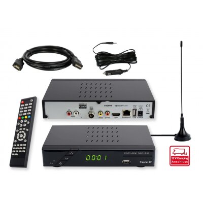 SET-ONE EasyOne 740 HD DVB-T2 Receiver inkl. 3 Monate gratis Freenet TV, PVR Ready, Full-HD, HDMI, LAN, Mediaplayer, USB 2.0, HBBTV, 12V Camping Adapter Kabel, 2 Meter HDMI Kabel und DVB-T2 Antenne