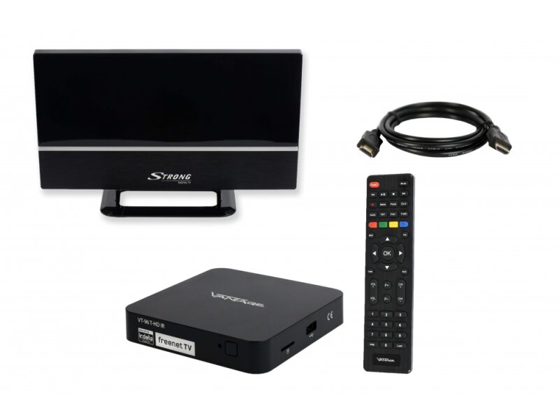 Vantage VT-96 DVB-T2 Receiver inkl. 3 Monate gratis Freenet TV (Private Sender in HD), IR-Sensor, PVR Ready, Full-HD, HDMI, USB 2.0, 12V tauglich, 2m HDMI Kabel und DVB-T2 Zimmerantenne