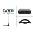 Vantage VT-92 DVB-T/T2 Reciever, empfang aller freien SD und HD DVB-T2 Sender, Digital, Full-HD 1080p, HDMI, SCART, Mediaplayer, USB 2.0, 2m HDMI Kabel, passive DVB-T2 Antenne mit Magnetfuß