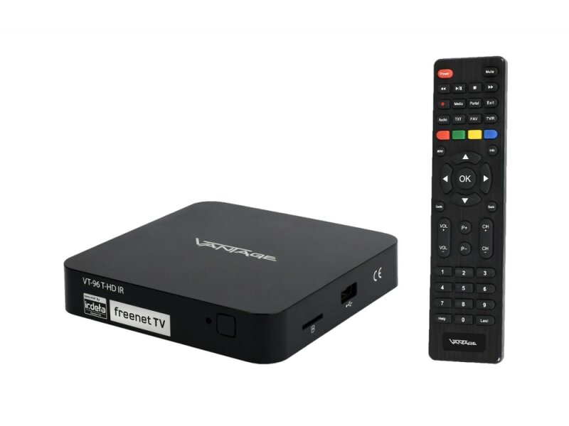 Vantage VT-96 DVB-T2 Receiver inkl. 3 Monate gratis Freenet TV (Private Sender in Full-HD), IR-Sensor, PVR Ready, Digital, Full-HD 1080p, HDMI, Mediaplayer, USB 2.0, 12V tauglich
