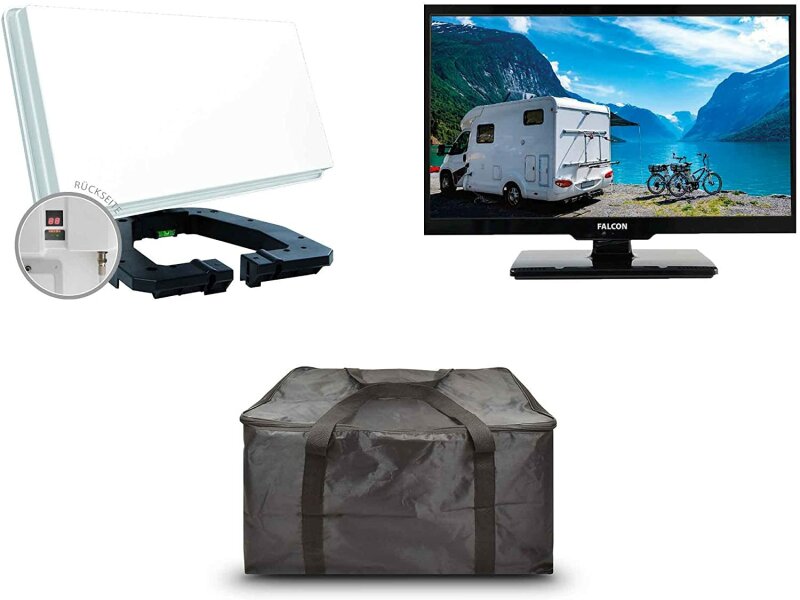 Falcon EasyFind Traveller Kit II TV Camping Set 22 (55,88 cm, HDReady, DVB-T2/S2/C, EasyFind2, Bluetooth 5.1, DVD Player, USB, CI+, 12/24/230Volt, Sat-Flachantenne, Messgerät, 1 Teilnehmer)